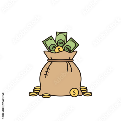 Money Bag With Dollar Bills Illustration