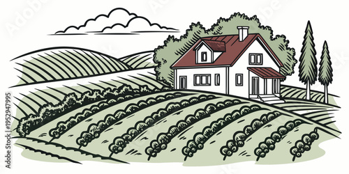 House on a hill with crops landscape vintage