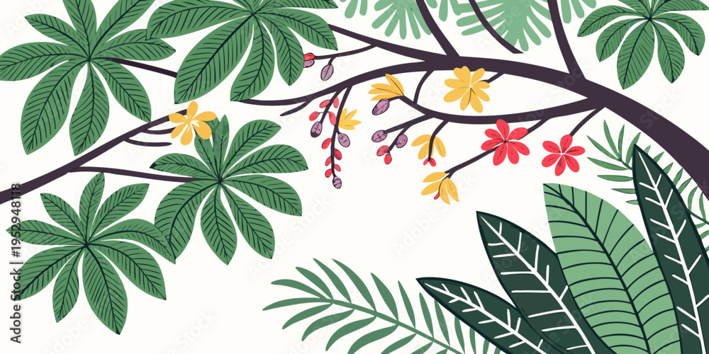 Fototapeta premium Tropical tree branch with green leaves and flowers yellow flowers red flowers white background