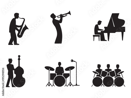 Jazz Day Black silhouette musicians playing saxophone trumpet piano double bass drums