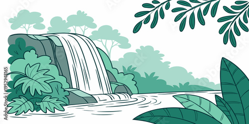 Waterfall cascading over rocks in green forest with tropical plants