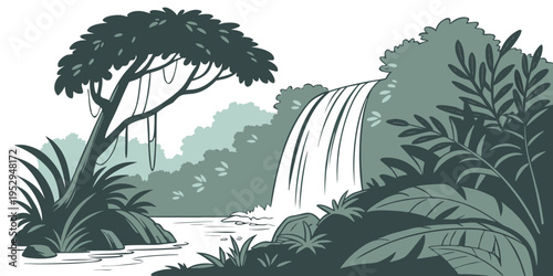 Waterfall in a green forest landscape nature