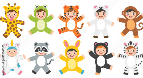 A colorful illustration of children wearing various animal costumes on transparent background