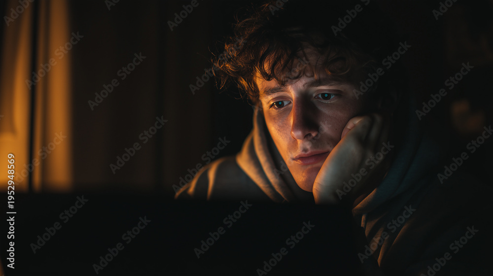 Obraz premium Tired young adult looking at laptop late at night, dim light, stressed expression, photorealistic, film grain, authentic lifestyle, real life, candid moment, remote work, everyday