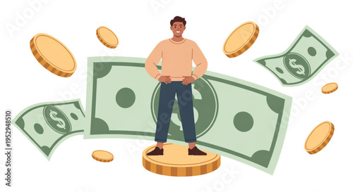 A cartoon man stands confidently on a coin surrounded by floating cash and coins on transparent background