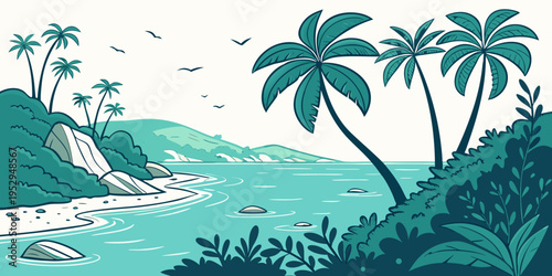 Tropical island landscape with palm trees and sea sandy beach exotic