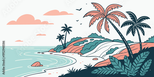 Tropical island scene with palm trees and pink clouds ocean waves