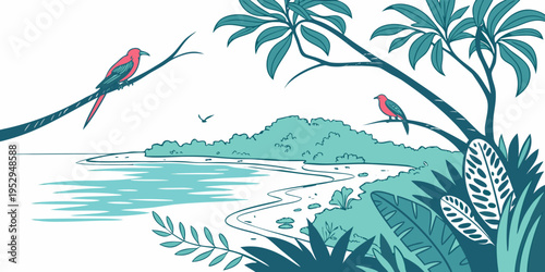 Tropical island landscape with birds on branches palm trees ocean sandy beach