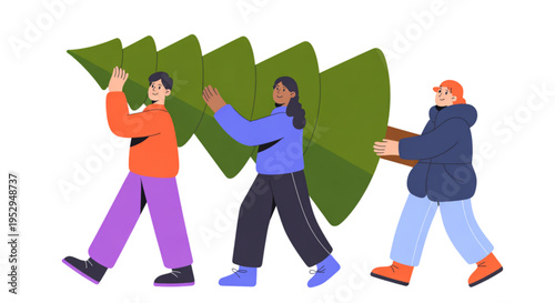 A diverse group of people working together to carry a large green leaf on transparent background