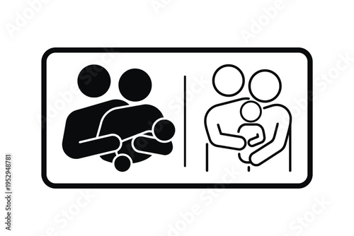 Two simplified family icons showing parents holding a baby on a transparent background