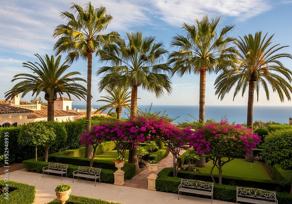 Fototapeta premium Tropical garden with palm trees and vibrant flowers by the ocean