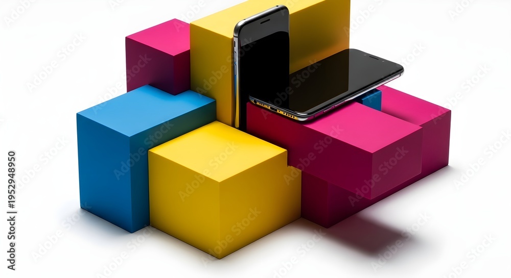 Fototapeta premium Smartphones and Colorful Blocks on White Background.