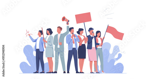 A group of diverse people protesting or demonstrating with signs and megaphones on transparent background