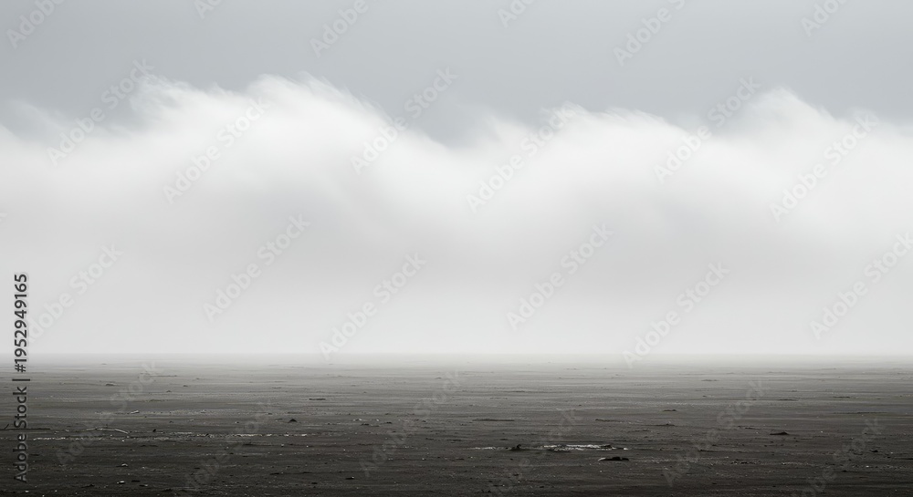 Fototapeta premium A vast, abstract expanse of white vapor covering a flat, desolate field. Atmospheric, ethereal background texture emphasizing emptiness and soft light, fog, abstract, vast