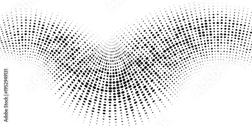 Black halftone dot wave pattern. Abstract grain fluid texture. Dotted curve wallpaper. Grit undulate swoosh overlay for poster, banner, brochure, flyer, leaflet, brochure. Vector rasterized background