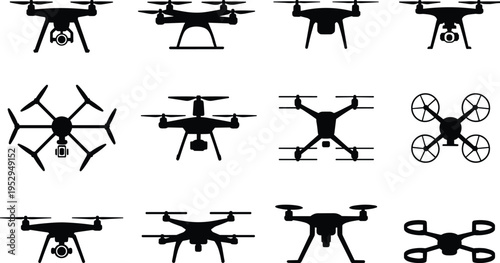 Drone silhouettes collection vector set, quadcopter UAV icons in multiple styles, aerial camera drones isolated for technology, surveillance and delivery concepts
