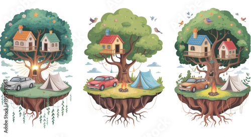 A whimsical vector illustration of three treehouses on floating islands with cars and tents on transparent background