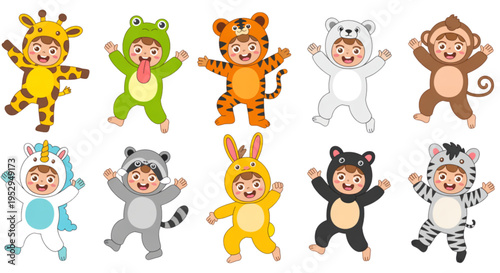 A colorful illustration of ten babies dressed in various animal costumes on transparent background