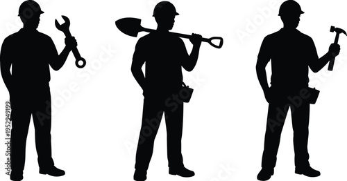 Construction worker silhouettes set, builder with tools poses collection, engineer handyman vector illustration, black worker shapes isolated design