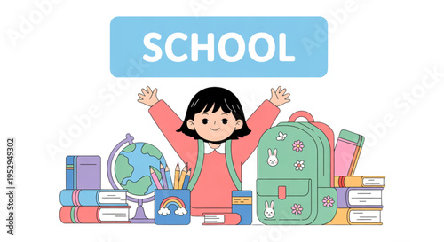 A colorful cartoon illustration of a happy schoolgirl with a green backpack and books on transparent background