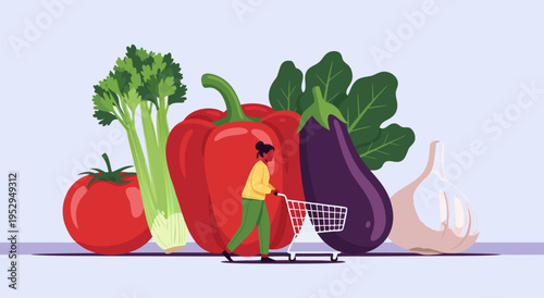 Healthy food concept illustration with a woman pushing a shopping cart through a colorful selection of fresh vegetables, vector art