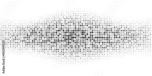 Black halftone dot wave pattern. Abstract grain fluid texture. Dotted curve wallpaper. Grit undulate swoosh overlay for poster, banner, brochure, flyer, leaflet, brochure. Vector rasterized background