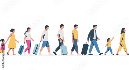 A group of people walking in a line with suitcases on transparent background