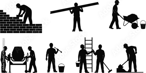 construction worker silhouettes set, bricklaying carrying tools, industrial labor activities, building site workforce, manual work, engineering construction, professional workers concept
