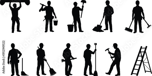 Construction worker silhouettes collection, builders with tools and equipment poses set, industrial labor vector illustration, black worker shapes isolated