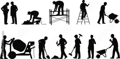 Construction worker silhouettes collection, builders working with tools set, industrial labor vector illustration, black worker shapes isolated design