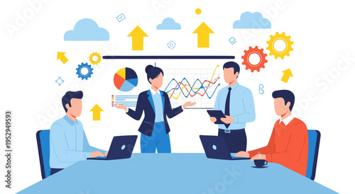 Business Meeting Vector Illustration of Teamwork and Strategy with Growth Charts and Gear Icons