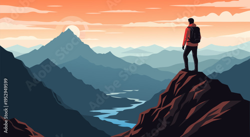 Vector illustration of a lone hiker standing on a mountain peak overlooking a serene valley with a winding river and majestic peaks at sunset