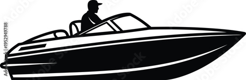 A black silhouette of a man standing on a speedboat