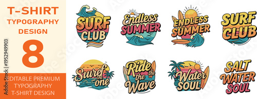 Surf themed t-shirt designs with tropical elements and vintage text
