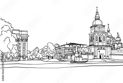 Nice view of Kiev, Ukraine. Kyiv. Urban landscape. Old city. Hand drawn sketch. Vector illustration. Line art. Ink drawing. White background. Postcard style.