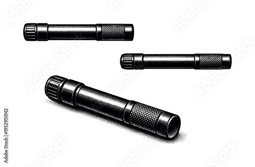 Emergency flare A handheld road emergency flare with cylindrical body and textured grip, displayed in side view, top view, and slightly tilted perspective view