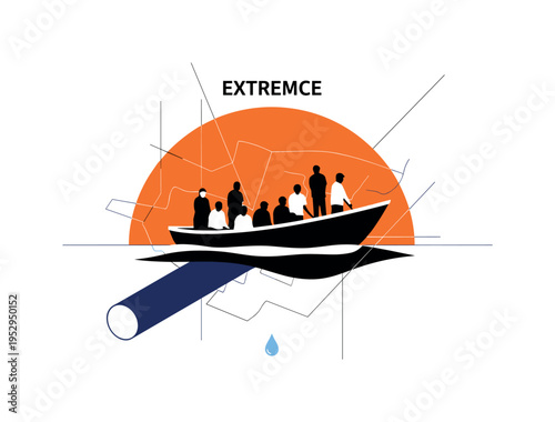 Black and white boat carrying small group of figures simplified into strong shapes, bold orange semicircle framing upper section like extreme sunset, thin