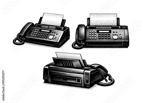 Fax machine. Black and white dot style with halftone texture and high contrast. Halftone texture with partial solid black fills smoothly transitioning into dot