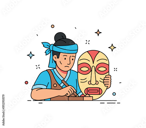 Cultural mask maker portrait shown by an artisan carving a stylized mask with minimal decorative lines, symbolizing ritual art and handcrafted tradition. The