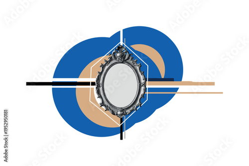 Black and white ornate vintage mirror frame partially restored, bold concentric circles behind symbolizing reflection and revival, minimal linear accents