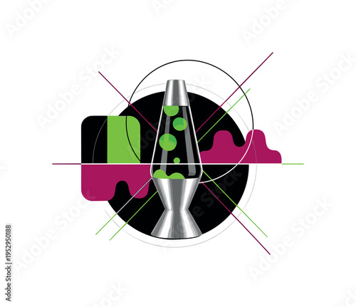 Black and white classic lava lamp rendered realistically, intersected by abstract circular halos and fluid geometric blocks symbolizing motion, thin diagonal