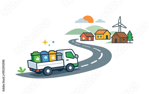 Mobile waste collection service reaching distant settlements a small truck driving along a curved road toward scattered houses while carrying sorted waste
