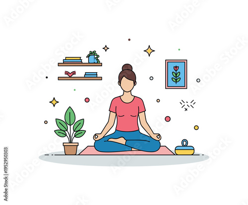 Home yoga practice illustrated by a seated figure on a simple mat with a small plant nearby, creating a cozy and peaceful indoor atmosphere. The compact