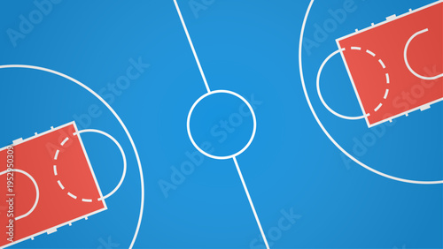 Top-down view of blue basketball court with red key areas and white lines.