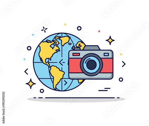 International press coverage illustrated by a camera icon positioned in front of a simplified world outline. Small sparkle accents and subtle directional