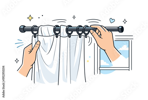 Installing sheer window curtains. Close editorial scene of hands sliding curtain rings along a rod, lightweight translucent fabric softly draping beside a