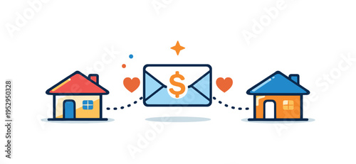 Family remittance support envelope with currency symbol traveling between two small house icons connected by a dotted line representing distance bridged by