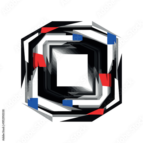 Black and white abstract cube with its center removed forming a hollow frame, sharp rectangular blocks and diagonal lines structuring spatial tension, electric