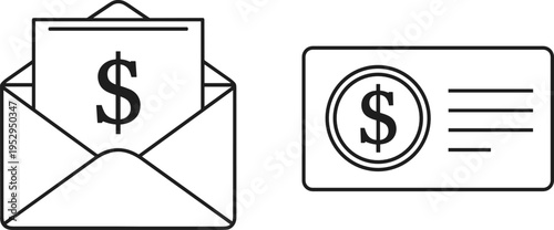 Dollar payment and money transfer line icons with envelope cash check financial transaction banking and currency symbols isolated