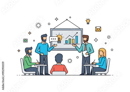Entrepreneurs presenting a pitch in a collaborative office, with colleagues listening and taking notes, illustrating leadership, communication, and idea